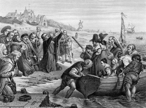 An engraved illustration of the Pilgrim Fathers leaving England from a Victorian book dated 1886 that is no longer in copyright