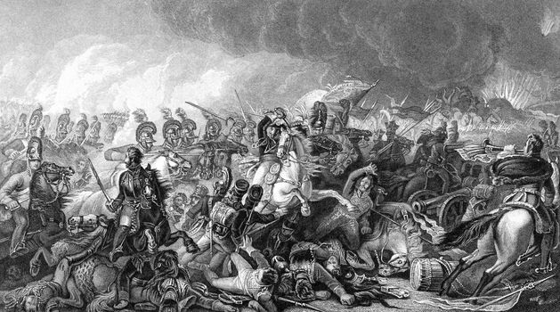 An engraved vintage illustration image of the Duke of Wellington with his army at the Battle of Waterloo from a Victorian book dated 1886 that is no longer in copyright