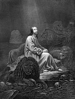 An engraved vintage illustration image of Daniel in the Lions Den of the Old Testament Bible from a Victorian book dated 1886 that is no longer in copyright