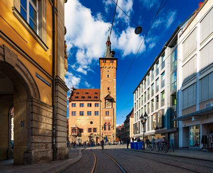 Wurzburg, Germany - September 23, 2014: Church and old street in Wurzburg, Bavaria, Germany