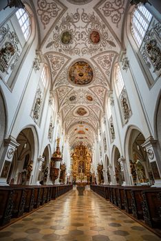 Interior of grand cathedral in Germany, Europe. Old european architecture, travel and tourism.