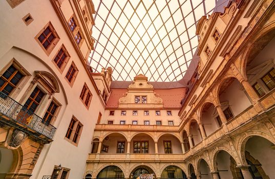 Dresden palace in Germany, Saxony, Europe. View from inner court on old architecture and glass roof.