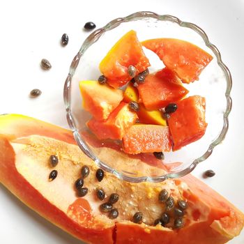 Orange color fresh papaya kept in white background with cut pieces in bowl and rich in fibre Vitamin C and antioxidants Boosts your immunity Good for diabetics and eyes