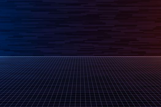 Purple grid laser floor with dark background, 3d rendering. Computer digital drawing.