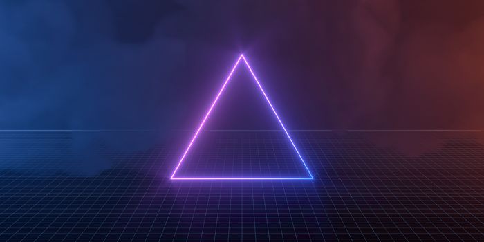 Purple neon triangle laser line with dark background, 3d rendering. Computer digital drawing.