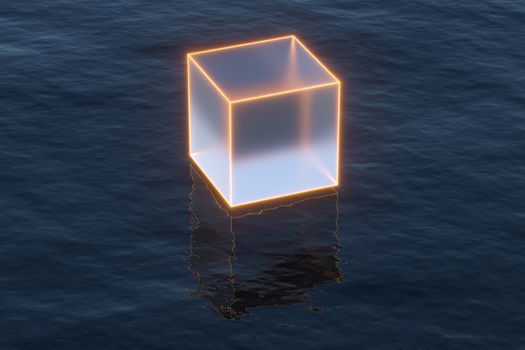 Floating transparent cubes over the ocean, 3d rendering. Computer digital drawing.