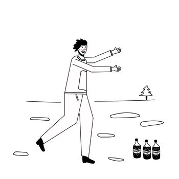 Soda addiction concept illustration. The man runs to the soda bottles. An unhealthy lifestyle, unhealthy diet, and a sweet tooth. illustration. Lines