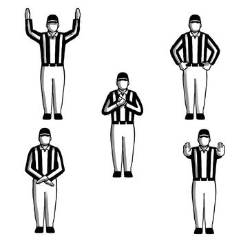 Retro style collection set of drawing illustration showing an American football referee or official with hand signals on isolated background done black and white.
