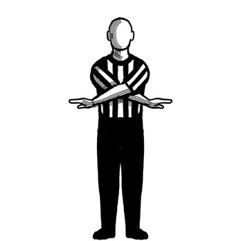 Black and white illustration of a basketball referee or official with hand signal showing no score viewed from front on isolated background done retro style.