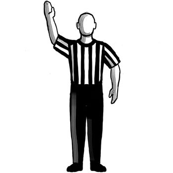Black and white illustration of a basketball referee or official with hand signal showing stop clock viewed from front on isolated background done retro style.