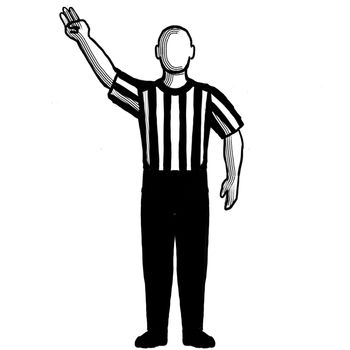 Black and white illustration of a basketball referee or official with hand signal showing 3-point field goal successful viewed from front on isolated background done retro style.