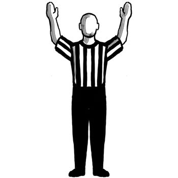 Black and white illustration of a basketball referee or official with hand signal showing 3-point field goal successful viewed from front on isolated background done retro style.