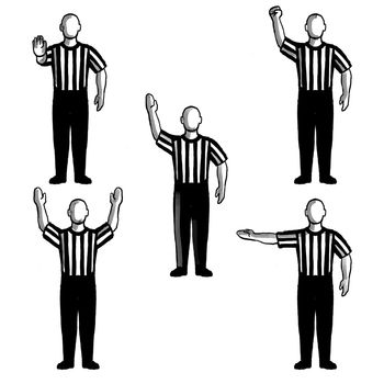 Retro style collection set of drawing illustration showing a basketball referee or official with different hand signals on isolated background done black and white.
