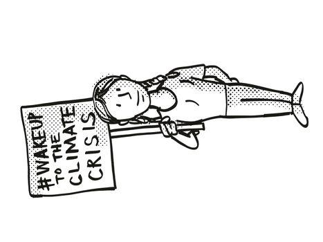 Cartoon style illustration of a young student or child with placard, Wake Up to Climate Change done in black and white on isolated background.