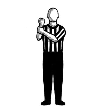 Black and white illustration showing a basketball referee or official with hand signal of holding viewed from front on isolated background done retro style.