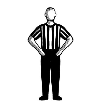 Black and white illustration of a basketball referee or official with hand signal showing blocking viewed from front on isolated background done retro style.