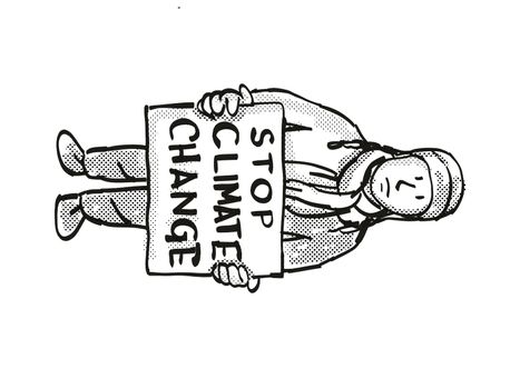 Cartoon style illustration of a young student or child with placard, Stop Climate Change protesting on Climate Change done in black and white on isolated background.