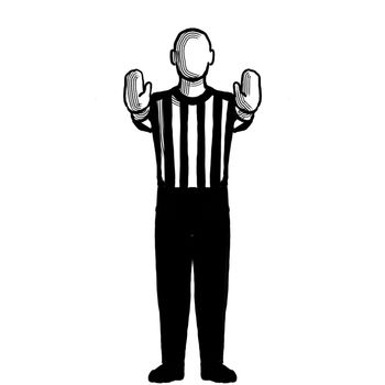 Black and white illustration of a basketball referee or official with hand signal showing 10-second violation or charging pushing viewed from front on isolated background done retro style.
