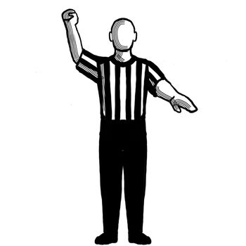 Black and white illustration of a basketball referee or official with hand signal showing stop clock for foul viewed from front on isolated background done retro style.