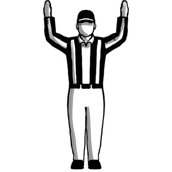 Retro style illustration of an American football referee or official with hand signal showing touchdown sign on isolated background done in black and white.