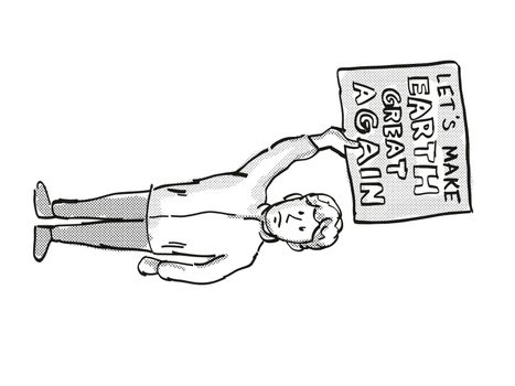 Cartoon style illustration of a young student or child with placard, Let's Make Earth Great Again protesting on Climate Change done in black and white on isolated background.