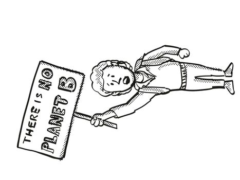 Cartoon style illustration of a young student or child with placard, There is No Planet B protesting on Climate Change done in black and white on isolated background.