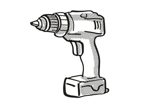 Retro cartoon style drawing of a Portable Hand Drill, a power tool or equipment on isolated white background done in black and white.