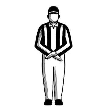 Retro style illustration of an American football referee or official with hand signal showing penalty refused, incomplete pass, missed field goal sign done in black and white.