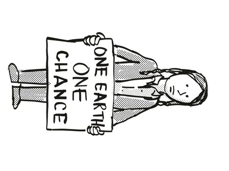 Cartoon style illustration of a young student or child with placard, One Earth One Chance protesting on Climate Change done in black and white on isolated background.