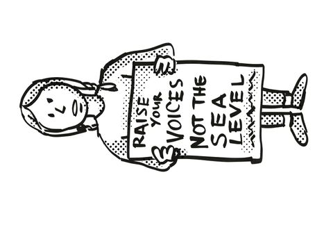 Cartoon style illustration of a young student or child with placard, Raise Your Voices Not the Sea Level protesting on Climate Change done in black and white.