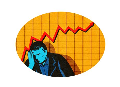 Retro style illustration of depressed or feeling ashamed businessman with upward line graph in background set inside oval shape.