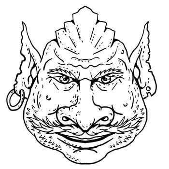 Retro cartoon style portrait drawing of a Goblin with earring, a monstrous creature from European folklore viewed from front on isolated white background done in black and white.