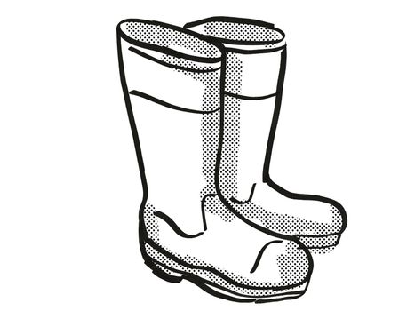 Retro cartoon style drawing of a pair of Wellington Rubber Boots or Gumboots on isolated white background done in black and white.