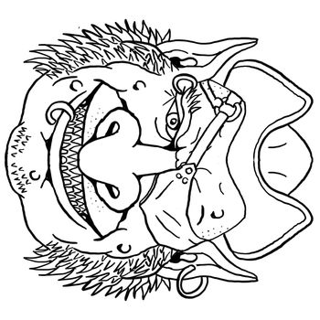 Retro cartoon style portrait drawing of a Pirate Goblin with eye patch and earring, a monstrous creature from European folklore viewed from front on isolated white background done in black and white.