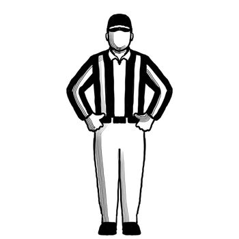 Retro style illustration of an American football referee or official with hand signal showing penalty refused, incomplete pass, missed field goal sign done in black and white.