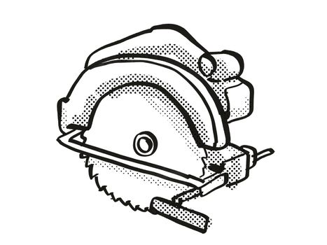 Retro cartoon style drawing of a Circular Saw, a power tool or equipment on isolated white background done in black and white.