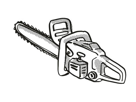 Retro cartoon style drawing of a chainsaw or Chain saw, a power tool or equipment on isolated white background done in black and white.