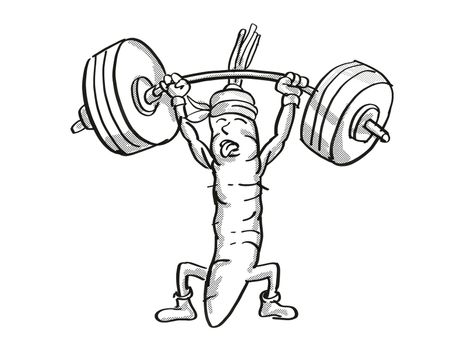 Retro cartoon style drawing of a Carrot, a healthy vegetable lifting a barbell on isolated white background done in black and white.