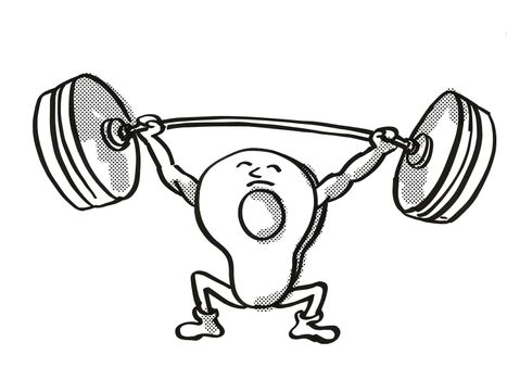 Retro cartoon style drawing of an Avocado fruit, a healthy vegetable lifting a barbell on isolated white background done in black and white