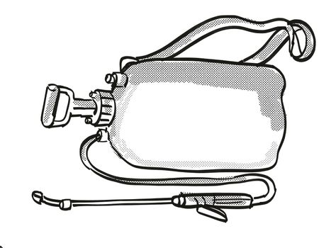 Retro cartoon style drawing of a Garden Pressure Sprayer, a garden tool or equipment  on isolated white background done in black and white.