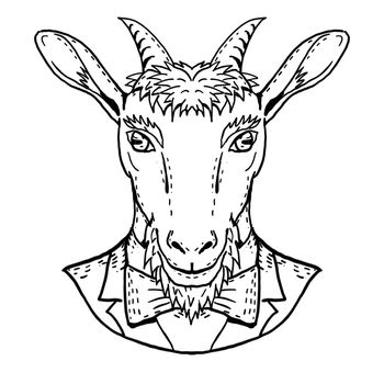 Retro cartoon style portrait drawing of a Goat Wearing Tuxedo and Tie viewed from front on isolated white background done in black and white.