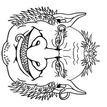 Retro cartoon style portrait drawing of a Goblin with earring, a monstrous creature from European folklore viewed from front on isolated white background done in black and white.