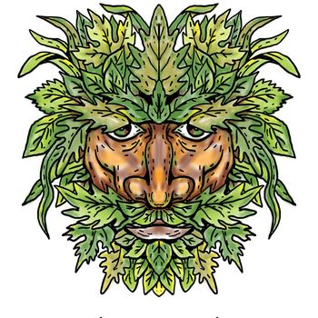 Retro cartoon style portrait drawing of a Green Man With Foliate Head  viewed from front on isolated white background done in full color. 