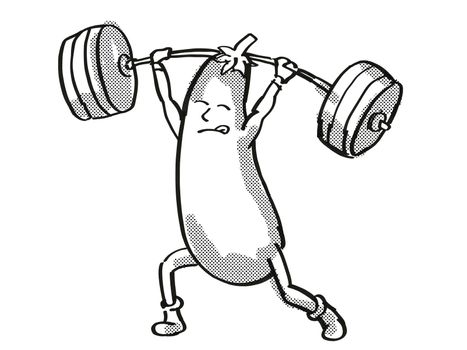 Retro cartoon style drawing of an Eggplant or Aubergine, a healthy vegetable lifting a barbell on isolated white background done in black and white.