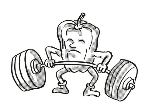 Retro cartoon style drawing of a Bell Pepper or Capsicum, a healthy vegetable lifting a barbell on isolated white background done in black and white.