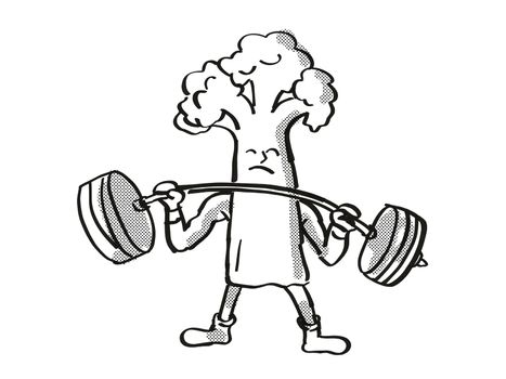 Retro cartoon style drawing of a Cauliflower, a healthy vegetable lifting a barbell on isolated white background done in black and white.
