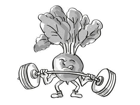 Retro cartoon style drawing of a Red Radish, a healthy vegetable lifting a barbell on isolated white background done in black and white.