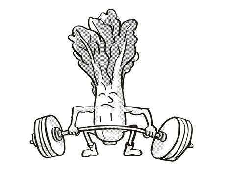 Retro cartoon style drawing of a Bok choy, pak choi or pok choi, a healthy vegetable lifting a barbell on isolated white background done in black and white.