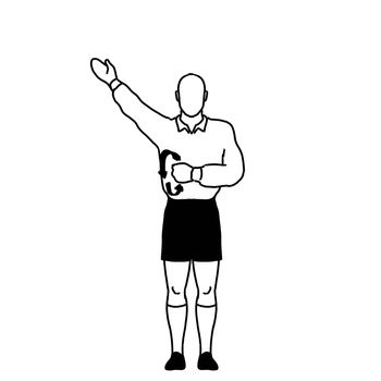 Retro style line drawing illustration showing a rugby referee with penalty not releasing the ball when tackled hand signal on isolated background in black and white.