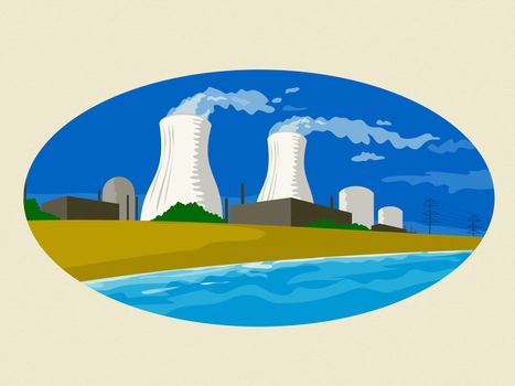 Illustration showing a  nuclear reactor power plant compound with smoke coming out of stack or chimney set inside oval done retro style on Japanese paper.